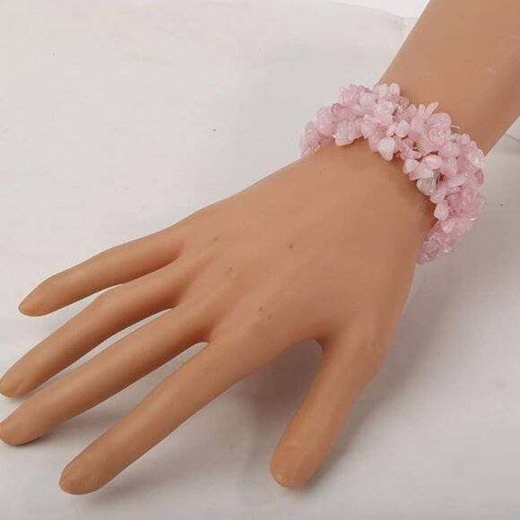 SALE - Pink Quartz Gemstone Beaded Stretch Bracelet - 5 Layers - Picture 3 of 5